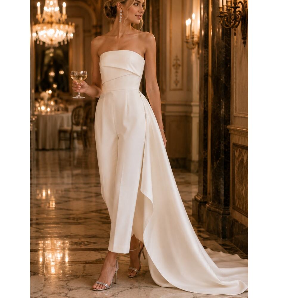 Solace London Harlow Strapless Satin Train Jumpsuit in Cream White US 4 UK 8
